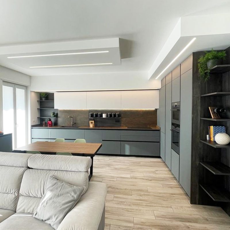 Progetto d’arredo zona living con cucina in stile minimal