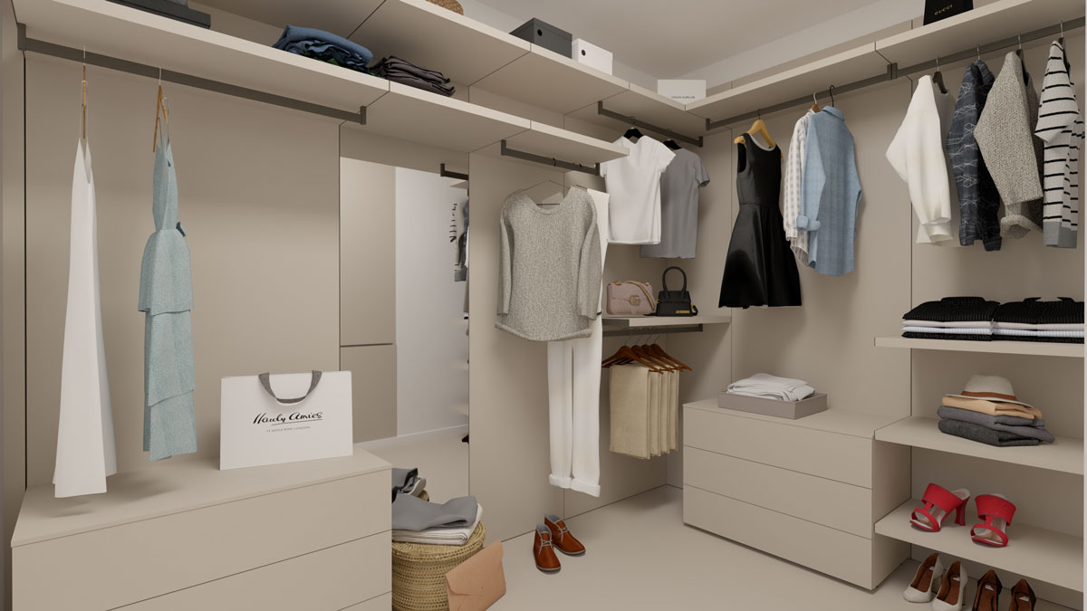 Cabina armadio su misura moderna con soluzioni salvaspazio e abbigliamento organizzato