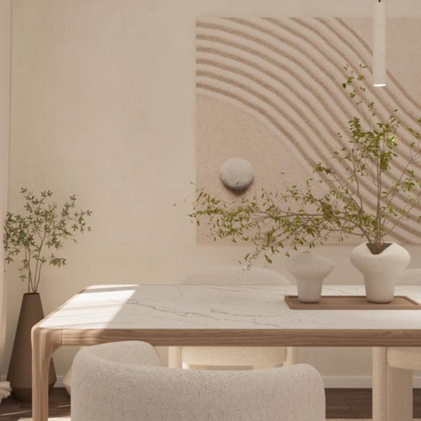 stile Japandi design essenziale, materiali naturali e atmosfera rilassante per interni armoniosi e senza tempo.
