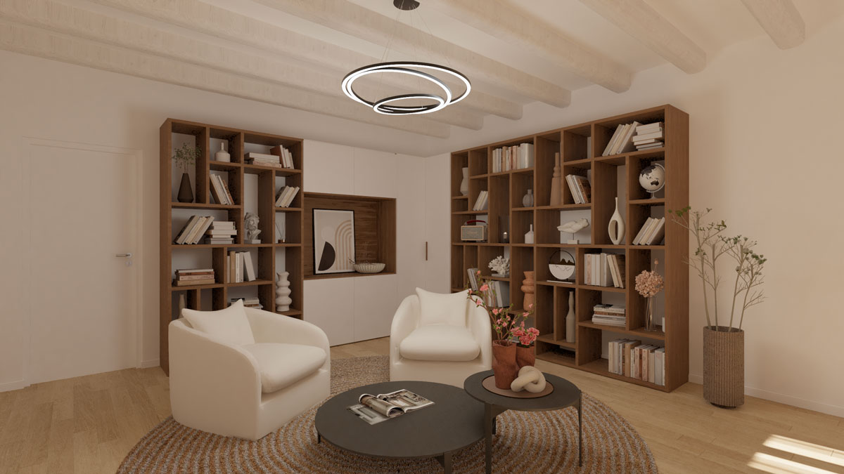 Angolo relax in soggiorno con libreria a parete, poltrone tonde e illuminazione moderna – progetto Casa Evolution