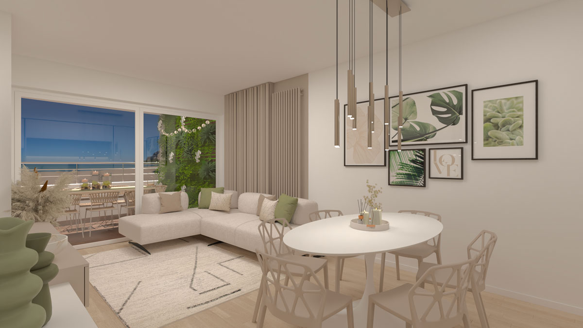 Area relax in soggiorno luminoso con divano chiaro, colori neutri e arredi moderni, ideale per creare un ambiente sereno e confortevole in casa